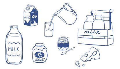 Hand drawn milk doodle sketch set. Milk, yogurt, cheese menu icon collection.