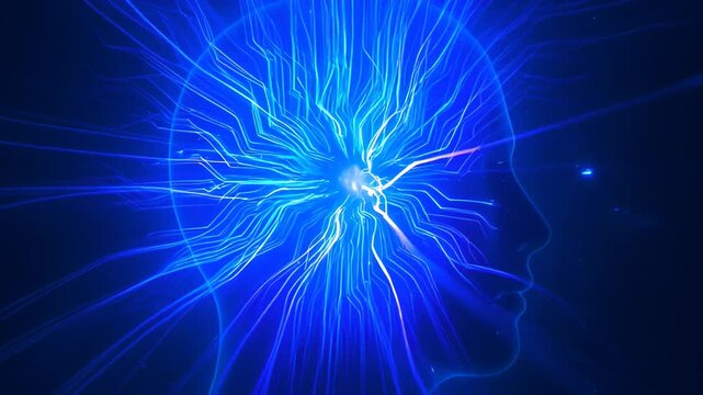 Abstract blue glowing human head silhouette with radiating energy lines representing artificial intelligence, brain activity, and digital thought processes on a dark background 4k
