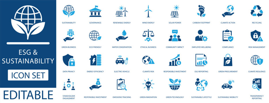 ESG and Sustainability icon set featuring eco-friendly, renewable energy, and corporate governance symbols. Professional blue vector icons for green business and climate action.
