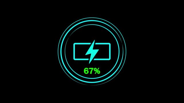 Battery icon at 72% capacity with glowing lightning bolt on sleek black circular backdrop