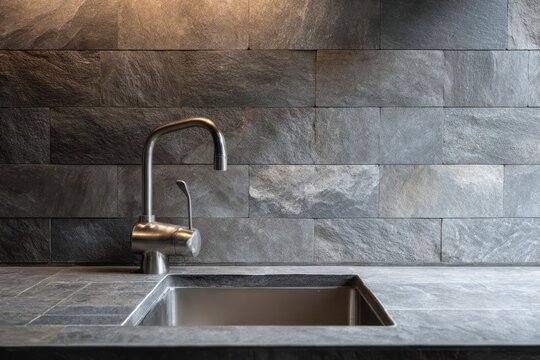 Modern kitchen sink with a sleek faucet and slate backsplash.