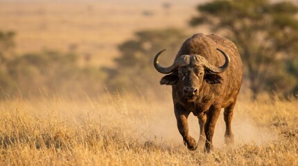 Majestic African Buffalo Running Through Golden Grasslands