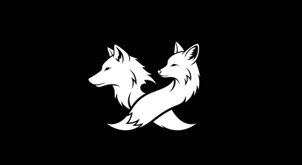 Elegant black and white graphic of two wolves facing each other