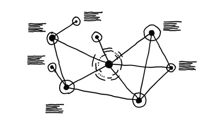 Hand Drawn Network Graph Node Diagram Image Alpha Transparent, A hand-drawn sketch of a network graph diagram featuring interconnected nodes, varying circle sizes, and mock text blocks. © C Corner