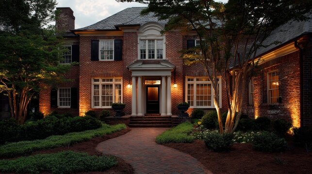 Elegant Brick House Exterior at Dusk with Warm Landscape Lighting and Paved Pathway