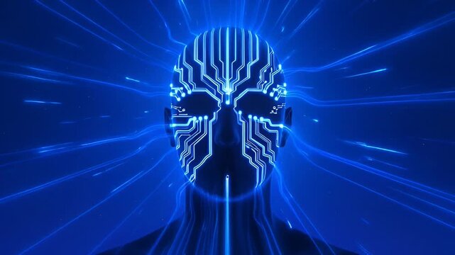 Futuristic blue AI head with radiating energy streams and circuit patterns