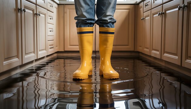 person wearing yellow rubber boots standing in flooded kitchen, home damage from water leakage, emergency disaster and insurance concept
