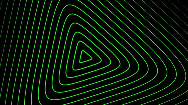 Abstract green glowing neon geometric lines tunnel background, seamless loop rounded triangle pattern