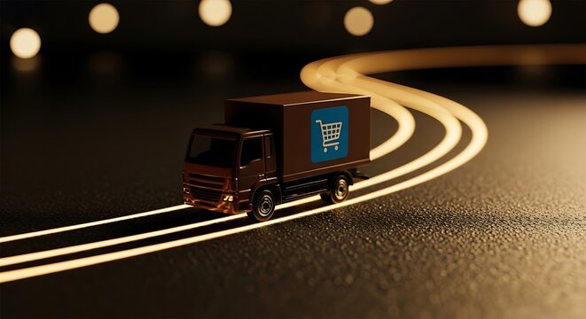 Toy truck with glowing shopping cart symbol on dark road. E-commerce delivery and logistics concept for online retail business.