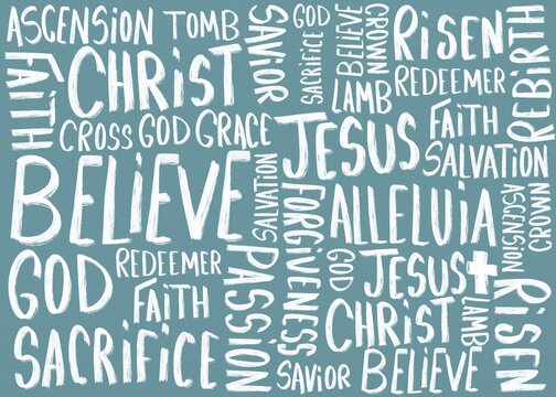 Christian religious word cloud with faith terms like Jesus, Christ, Believe and Resurrection on blue background.