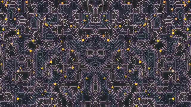 Intricate pattern with geometric shapes and yellow dots on dark background illustration