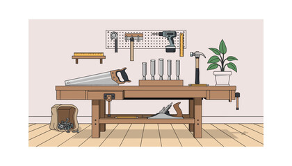 Cozy workshop with tools on wooden workbench and plant