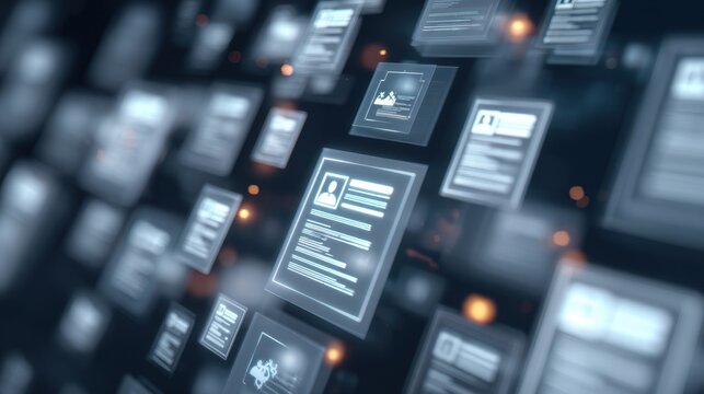 Futuristic digital profiles and document icons floating in a dark abstract space representing data management and recruitment