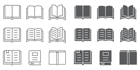 Book and open textbook icon set. Linear book icon set with paper pages outline vector illustration. eps 10