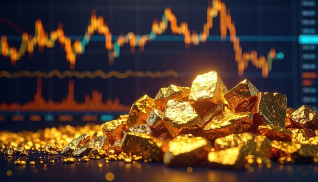 Large pile of shiny gold nuggets sitting in front of blurry digital stock market trading chart with orange lines