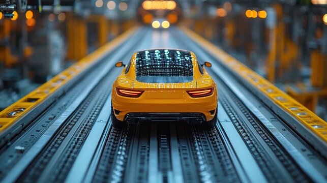 Yellow car model moving on assembly line.