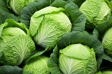 Fototapeta premium Green savoy cabbage heads filling the frame, showing organic texture and healthy produce