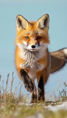 Fototapeta premium Majestic Red Fox in Winter Wonderland Captivating Close-Up of Its Intense Eyes and Elegant Fur