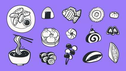 Hand drawn Japanese food stiker set in ink line style. Collection of sushi, ramen, onigiri, dumplings and traditional desserts. Perfect for menu design, restaurant branding and Asian food projects.