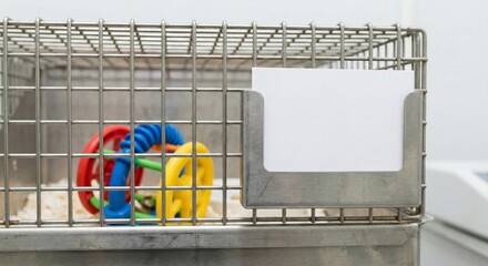 Laboratory mouse cage with colorful toy for enrichment in research facility, promoting animal welfare