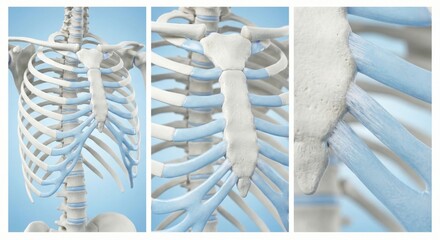 Rib cage anatomy illustration showing bones, cartilage, and skeletal structure for medical study and education