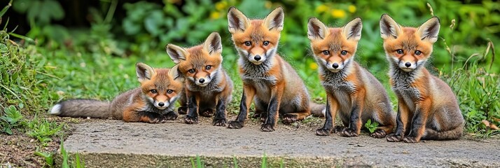 Fototapeta premium Five Playful Red Fox Kits Explore Their Habitat, Capturing the Hearts of Nature Lovers Everywhere.