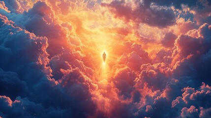 Surreal Scene of Person Walking in Bright Sunset Sky Among Colorful Clouds