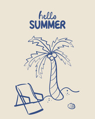 Hello Summer greeting card with doodle beach vacation elements in line style. Hand drawn palm tree, beach chair, shell. Suitable for branding, packaging, posters and seasonal design.