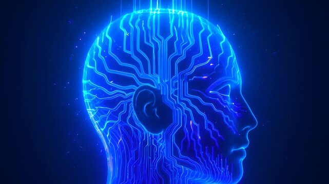 Abstract digital representation of a human brain with glowing blue circuit patterns