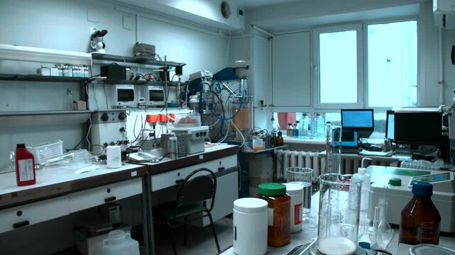 Lab Setup Process. Researcher Meticulously Organizing Solutions And Calibrating Laboratory Glassware . Stock clip