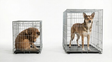 Two dogs in cages, one looking anxious in small cage, the other calm in larger crate on white background