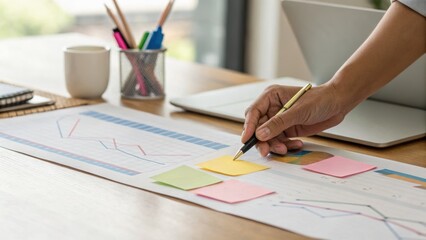 A person writes on colorful sticky notes placed on a financial chart spread out on a desk with office supplies and a laptop in the background.