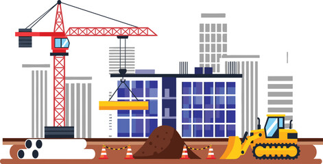 Fototapeta premium City construction site with crane, excavator and modern office building vector illustration