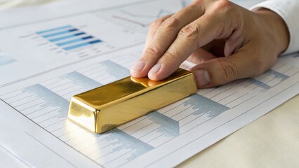 A hand places a gold bar on financial documents featuring charts and graphs, symbolizing investment, wealth, and financial growth.