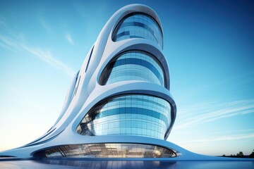 Fototapeta premium Modern architecture featuring a dynamic, fluid design with curved glass and a bright sky