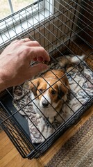 Small dog resting in crate with human hand reaching in, creating a comforting and safe environment