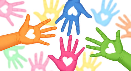 Fototapeta premium Vibrant holi celebration with colorful hands and hearts symbolizing joy and love during the hindu festival of colors