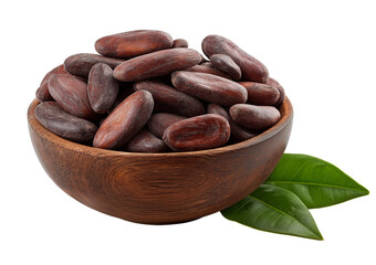 Obraz premium A bowl of cacao beans on a white background with a leaf, isolated on the white background, isolated and cut out from behind it.