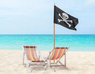 Two LGBT pride rainbow hammocks on tropical beach with pirate flag, freedom and diversity concept