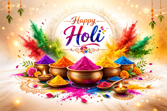 Beautifully arranged brass bowls of colorful gulal powder for happy holi and rang panchami celebration with holika dahan traditional lamps and floral decorations