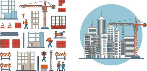 Fototapeta premium Construction site and city skyline vector set with crane, workers and building elements