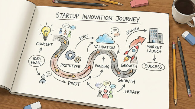 Startup innovation journey concept with idea phase, prototype, validation, funding, growth, market launch, and success illustrated on notebook with pencils and coffee