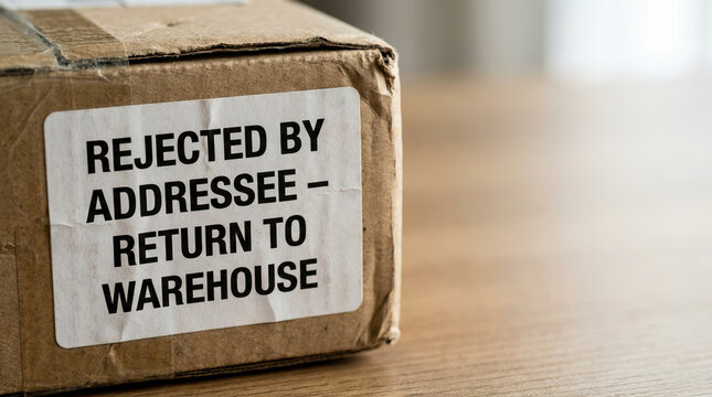 Rejected package with label on damaged cardboard box placed on wooden surface, indicating return to warehouse for handling and logistics process
