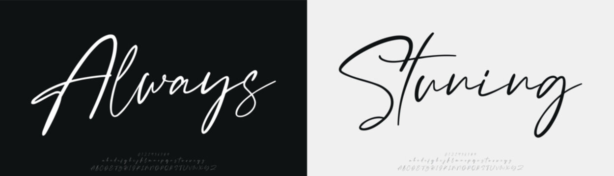 Always Stuning, Script Font, aesthetic, Uppercase Lowercase and Number. wedding font, Classic Lettering Minimal Fashion Designs. Typography modern serif fonts regular decorative vintage concept. 