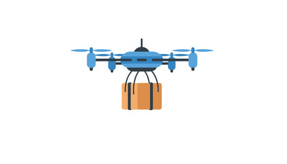 Drone delivering package with blue propellers and brown cargo