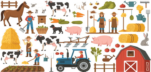Farm life vector collection with animals, farmers, tractor, barn, crops, hay bales and rural agriculture elements © MDRIFAT