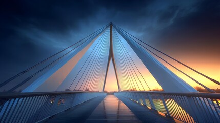 Obraz premium Modern Bridge Amidst Dawn's Embrace: An architectural marvel, this sleek, modern bridge gracefully spans waters, silhouetted against a breathtaking backdrop of the dawn's radiant hues.
