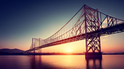 Fototapeta premium Golden Sunset Bridge: The photograph captures a breathtaking moment, as a majestic bridge elegantly spans the water, painted in the radiant hues of a golden sunset.