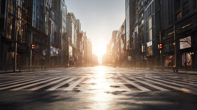 Urban Sunrise: An early morning in a city, with streets gleaming under the warm light of sunrise. Capturing the sense of urban renewal and the dawn of a new day.