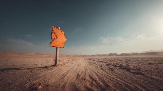 Desert Road Sign: A lone road sign stands steadfast in the vast desert landscape, the arid expanse stretching out under a clear, endless sky. Sign directing to the correct way.